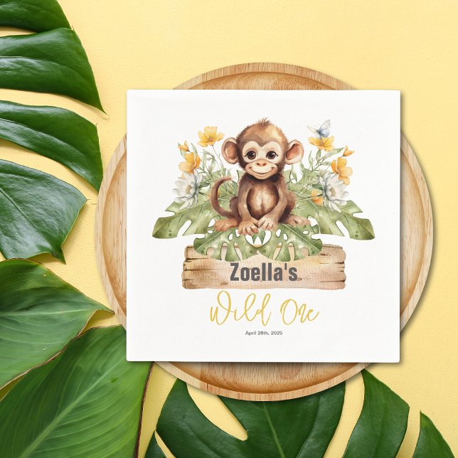 Personalised Safari Napkins (Safari Jungle Tropical Yellow White Flowers Monkey Wild One Birthday Napkin)