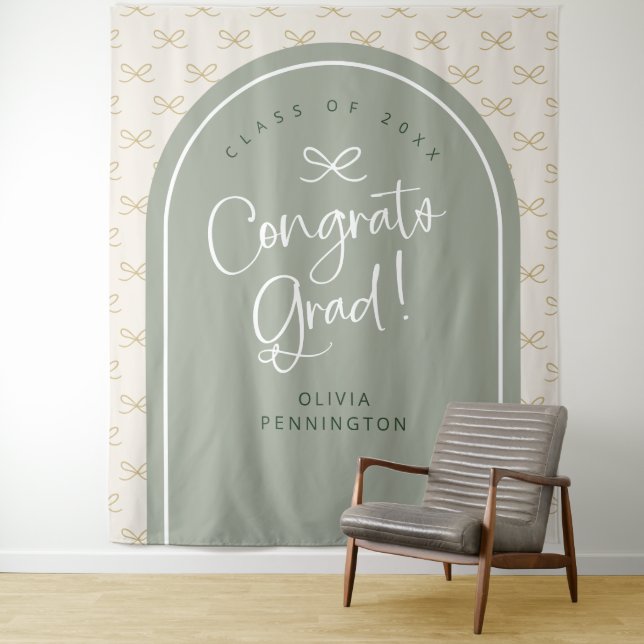 Personalised Sage Bow Congrats Grad Photo Backdrop Tapestry (In Situ)