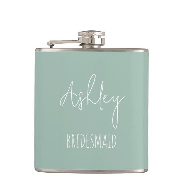 Personalised Sage Green Best Bridesmaid Gifts Hip Flask (Front)