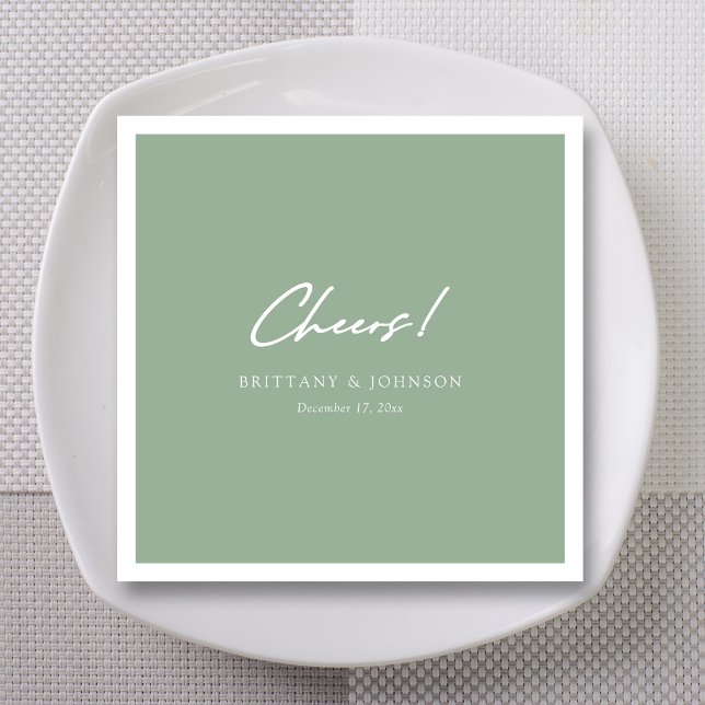 Personalised Sage Green "Cheers" Script Wedding  Napkin (Personalized Unique White Cheers Script Sage Green Wedding Napkins)