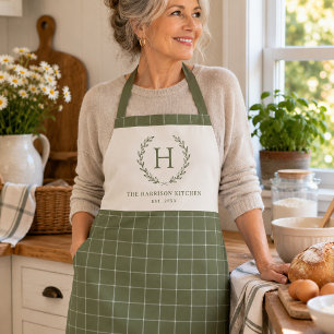 Personalised Sage Green Family Monogram Sage Plaid Apron