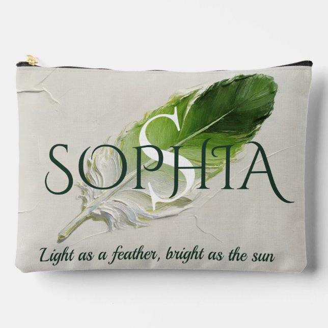 Personalised Sage Green Feather Monogram Accessory Pouch (Front)