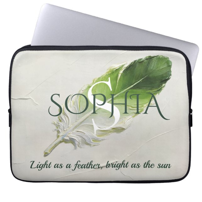 Personalised Sage Green Feather Monogram Laptop Sleeve (Front)