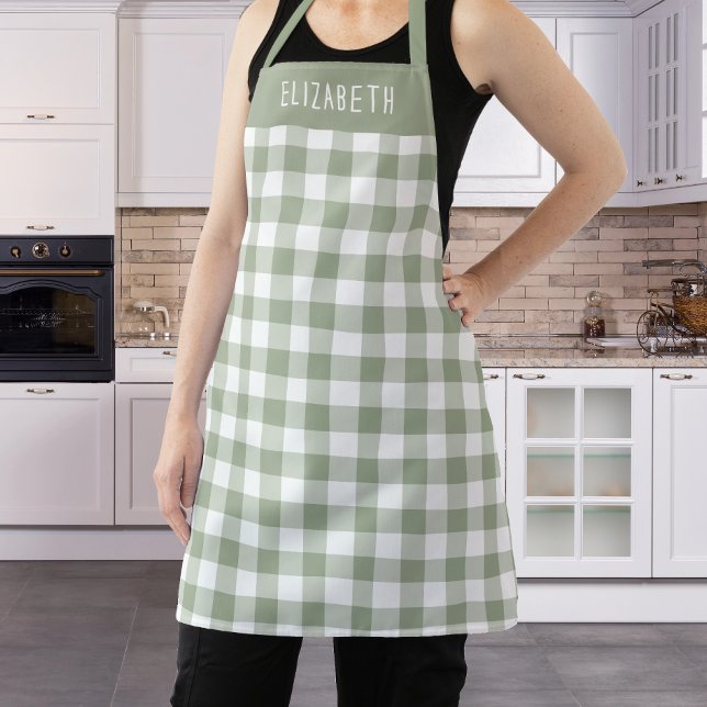 Personalised Sage Green Gingham Check Pattern Apron (Creator Uploaded)