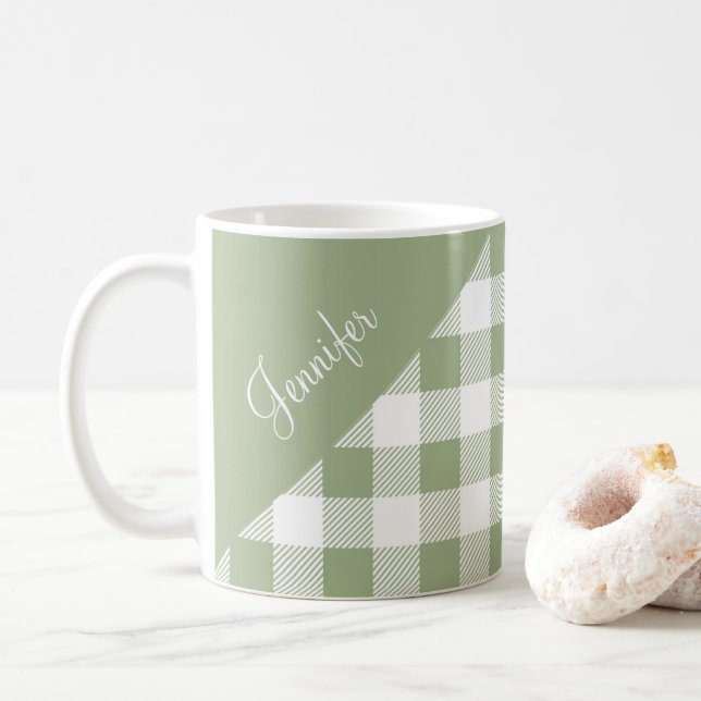 Personalised Sage Green Gingham Coffee Mug (With Donut)