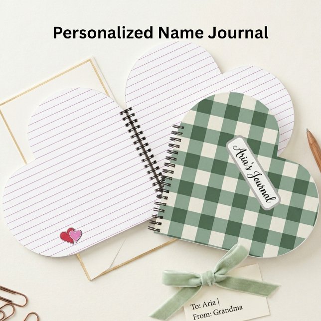 Personalised Sage Green Gingham Heart Notebook (Creator Uploaded)