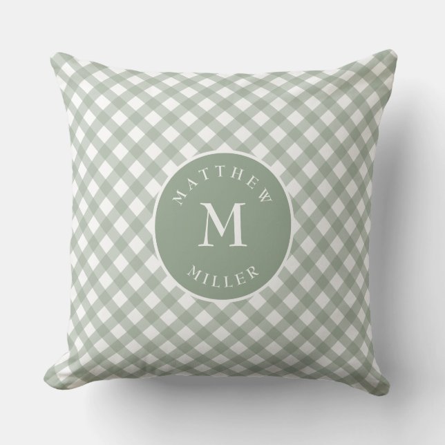 Personalised sage green gingham pillow for nursery (Front)