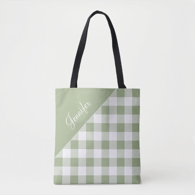 Personalised Sage Green Gingham Tote Bag (Front)