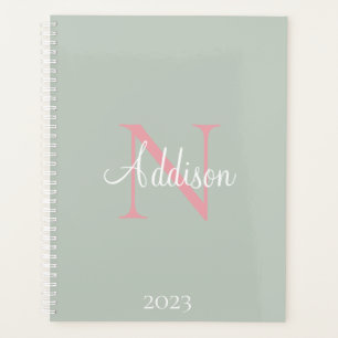 Personalised Sage Green Monogram Pink  Planner