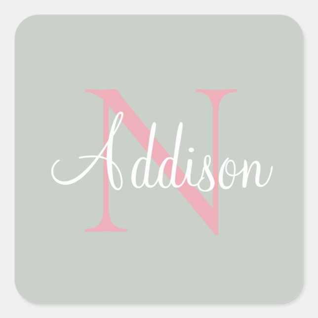 Personalised Sage Green Monogram Pink Square Sticker (Front)