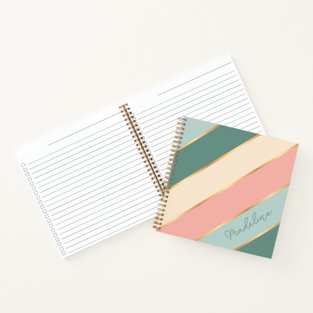 Personalised Sage Green Pastel Pink Gold Stripe Notebook (Inside)