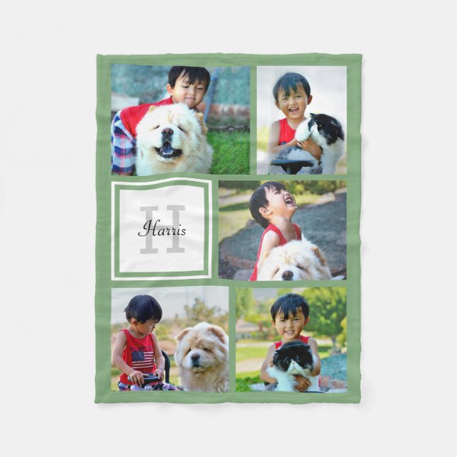 Personalised Sage Green Photo Collage Monogrammed Fleece Blanket (Front)