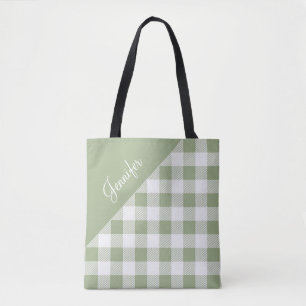 Personalised Sage Green Plaid Tote Bag