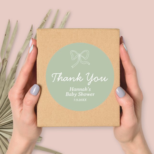 Personalised Sage Green Ribbon Baby Shower Favour Classic Round Sticker (Personalized Sage Green Ribbon Baby Shower Favor Classic Round Sticker)
