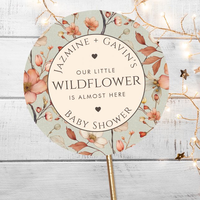 Personalised Sage Green Wildflower Baby Shower Classic Round Sticker (Creator Uploaded)