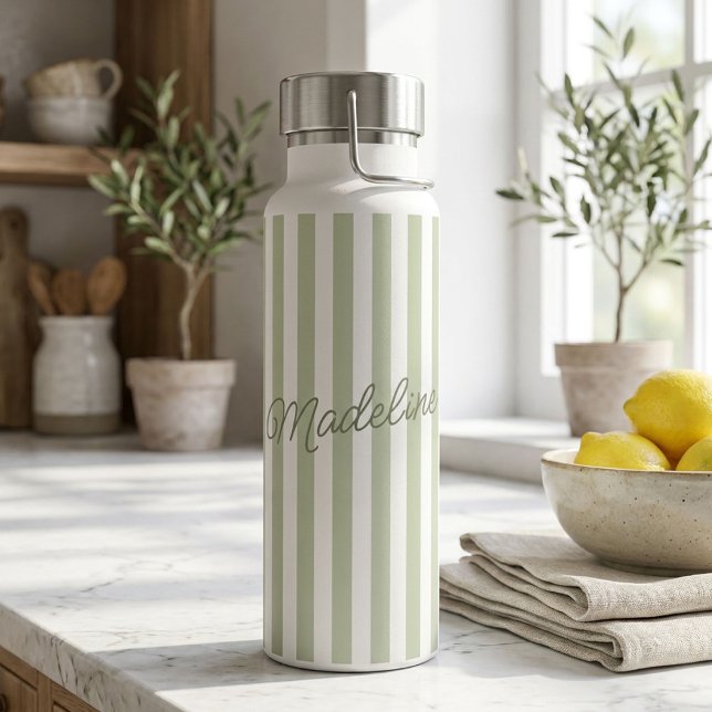 Personalised Sage Stripes Water Bottle with Name (Creator Uploaded)