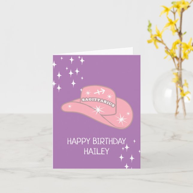 Personalised Sagittarius Zodiac Cowgirl Birthday Card (Yellow Flower)
