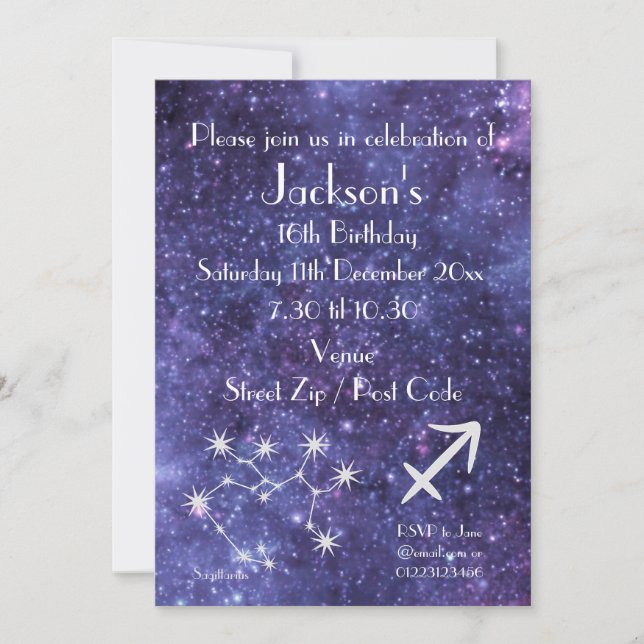 Personalised Sagittarius Zodiac Galaxy Party Invitation (Front)