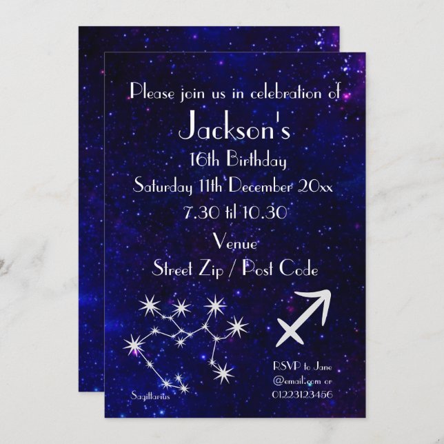 Personalised Sagittarius Zodiac Galaxy Party Invitation (Front/Back)