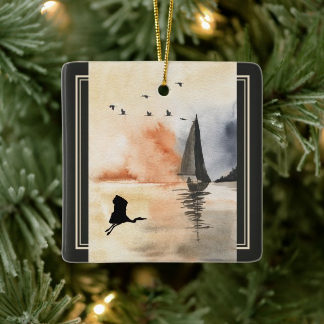 Personalised Sailboat and Birds Christmas Ceramic Ornament (Tree)