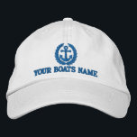 Personalised sailing boat captains embroidered hat<br><div class="desc">Personalised boat name with a yellow nautical anchor and laurel leaf themed sailing captains cap with an embroidered anchor motif and your custom sail or motor boats name, Customise the golden yellow of the embroiderey text to coordinate with the colour of your hat Visit the CUSTOMTHREADS STORE for matching sailor...</div>