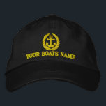 Personalised sailing boat captains embroidered hat<br><div class="desc">Personalised boat name with a yellow nautical anchor and laurel leaf themed sailing captains cap with an embroidered anchor motif and your custom sail or motor boats name, Customise the golden yellow of the embroiderey text to coordinate with the colour of your hat Visit the CUSTOMTHREADS STORE for matching sailor...</div>