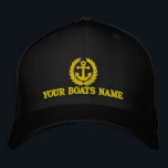 Personalised sailing boat name captains embroidered hat<br><div class="desc">Personalised boat name with a yellow nautical anchor and laurel leaf themed sailing captains cap with an embroidered anchor motif and your custom sail or motor boats name, Customise the golden yellow of the embroiderey text to coordinate with the colour of your hat Visit the CUSTOMTHREADS STORE for matching sailor...</div>
