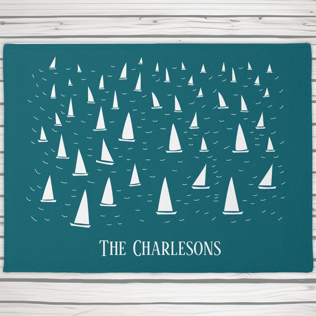 Personalised Sailing Boat Nautical Teal Green Doormat (Personalized family or boat name sailing boat regatta teal green doormat for lake or beach house)