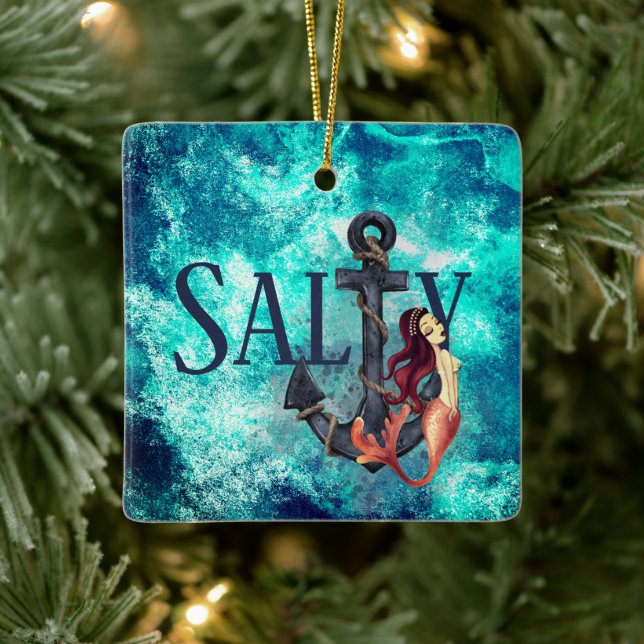 Personalised Salty Mermaid and Anchor Christmas Ceramic Ornament (Tree)