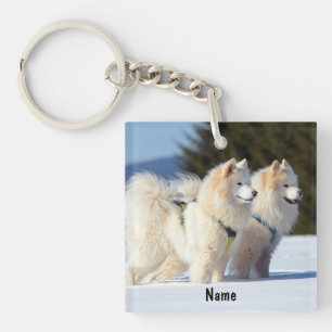 Personalised Samoyed Dogs in the Snow Key Ring