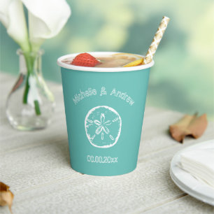 Personalised sand dollar beach wedding party paper cups