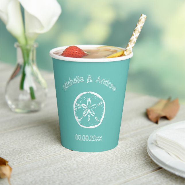 Personalised sand dollar beach wedding party paper cups (Insitu)