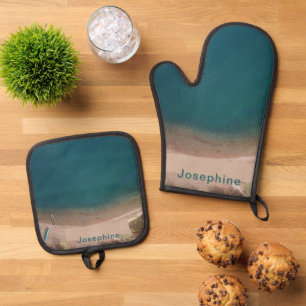 Personalised Sandy Beach Ocean Scene Oven Mitt & Pot Holder Set