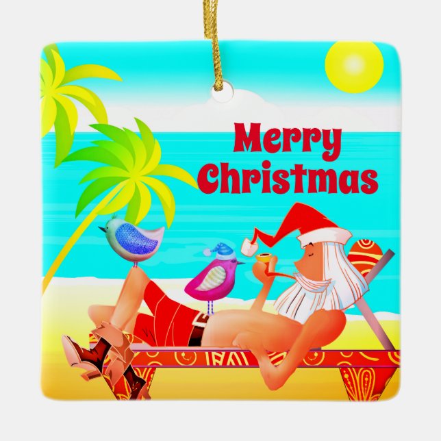 Personalised Santa and Birds Beach Merry Christmas Ceramic Ornament (Front)