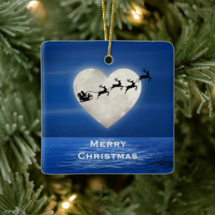 Personalised Santa and Heart Moon Beach Christmas Ceramic Ornament