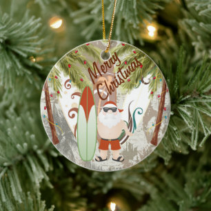 Personalised Santa and Surfboards Beach Christmas Ceramic Ornament