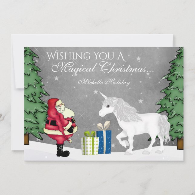 Personalised Santa and Unicorn Christmas Flat Holiday Card (Front)