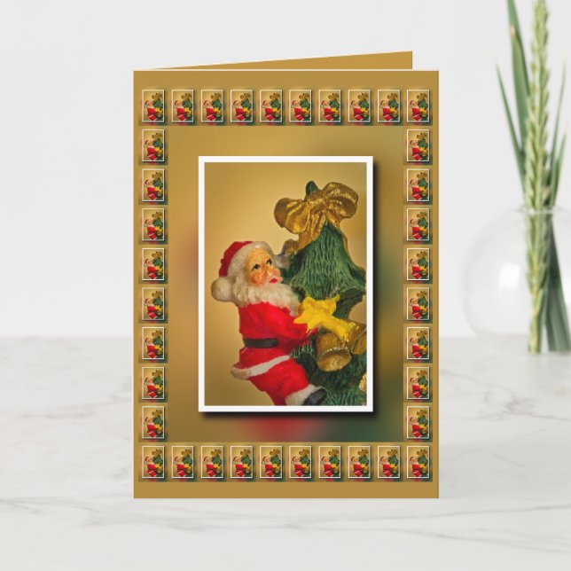 Personalised Santa atop Christmas Tree, Gold White Card (Front)