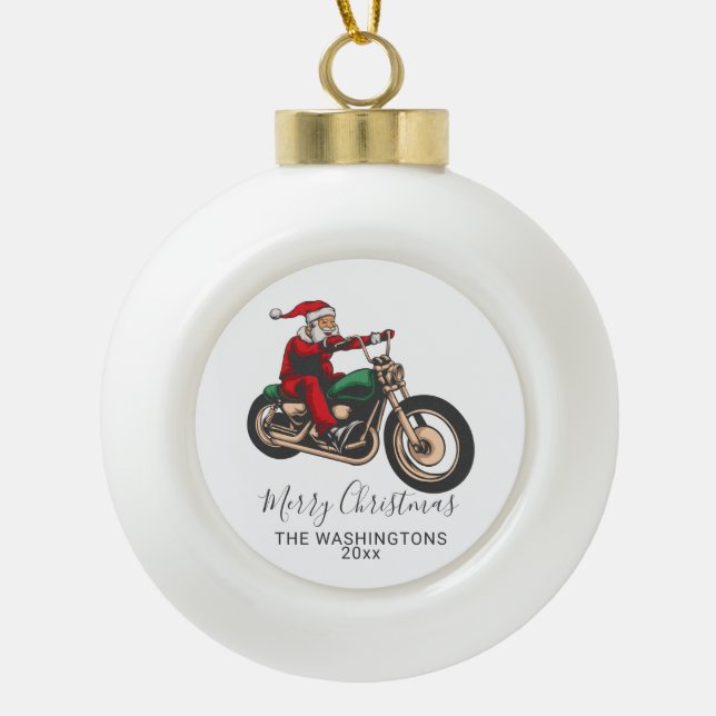 Personalised Santa Bike Rider Ceramic Ball Christmas Ornament (Front)