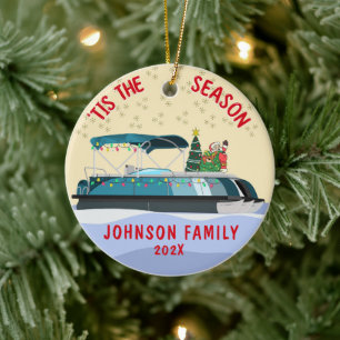 Personalised Santa Christmas Pontoon Boat Ceramic Ornament