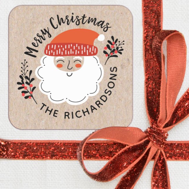 Personalised Santa Claus Christmas Square Sticker (A cute kraft Santa Claus Christmas sticker. Cute for decorating your holiday gifts.)
