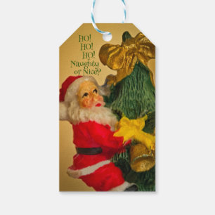 Personalised Santa Claus Climbs Xmas Tree Golden Gift Tags