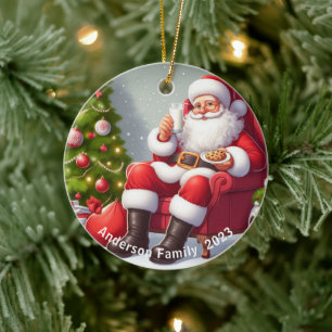 Personalised Santa Claus eating cookies Christmas Ceramic Ornament