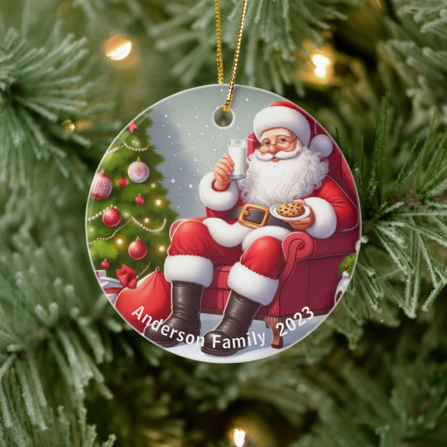Personalised Santa Claus eating cookies Christmas Ceramic Ornament (Tree)