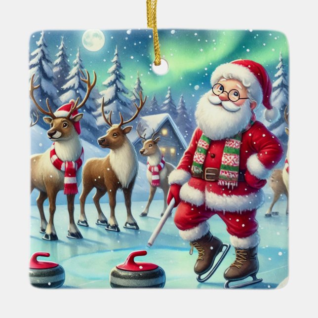 Personalised Santa Curling With His Reindeer Ceramic Ornament (Front)