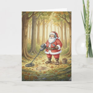 Personalised Santa doing Metal Detecting in forest Holiday Card