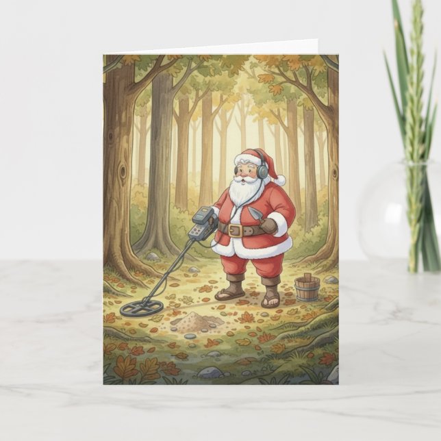 Personalised Santa doing Metal Detecting in forest Holiday Card (Front)