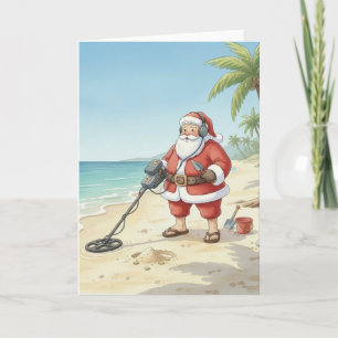 Personalised Santa doing Metal Detecting on beach Holiday Card