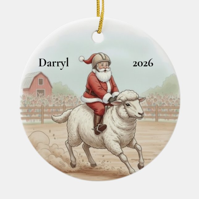 Personalised  Santa Doing Mutton Busting Ceramic Ornament (Front)
