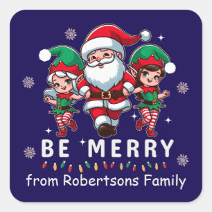 Personalised Santa & Elves Line Dancing Christmas Square Sticker